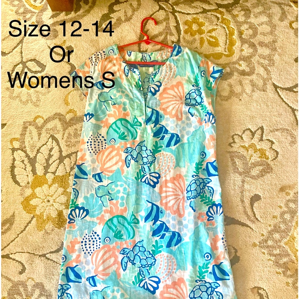 Three Islands, great cond, colorful shift with fish/coral.Womens S, kids 10-12.